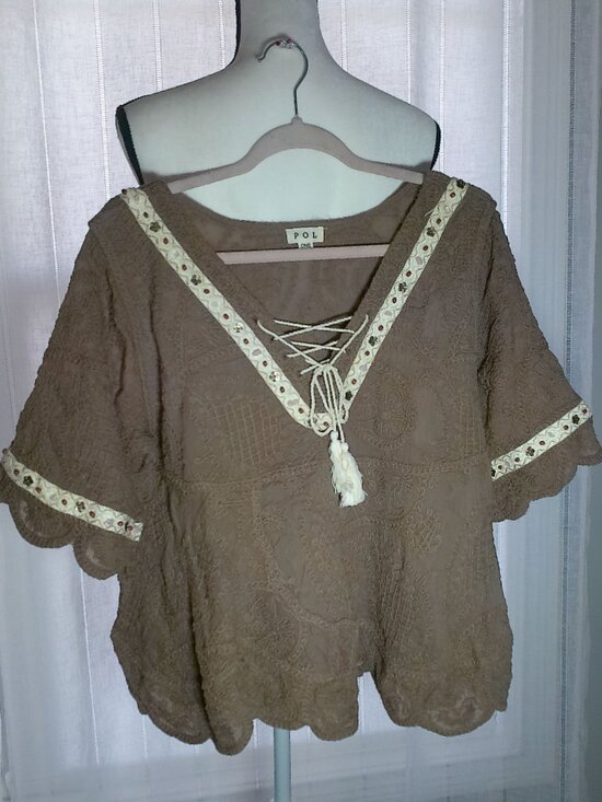 POL Sweaters - POL Short Slve Tie V-Neck Embroidery & Beading Through-Out Cocoa Brown Sweater 1